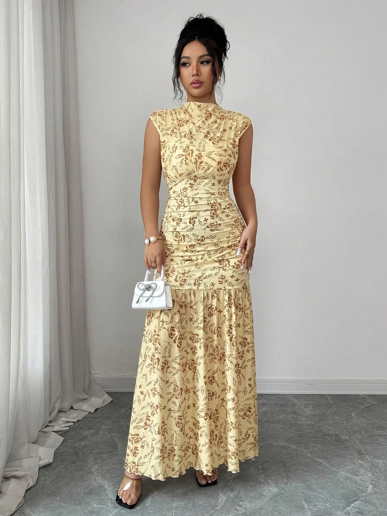 Yellow Floral Print Ruched Waist Elegant Floor-Length Dress For Women