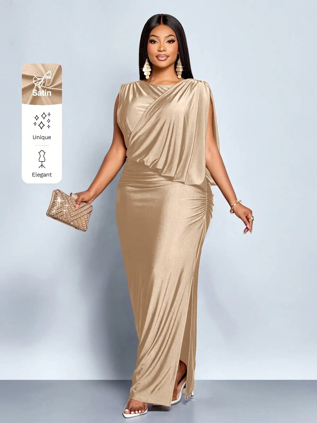 Elegant Red Sleeveless Asymmetrical Draped Maxi Dress With Side Slit For Party Evening Prom