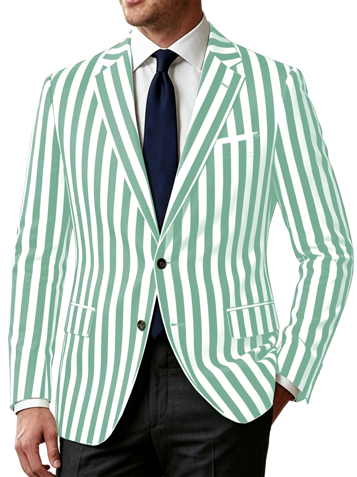 Men's Vertical Striped Blazer Slim Fit Single Breasted Casual Business Sport Coat Lightweight Formal Jacket For Office Wedding