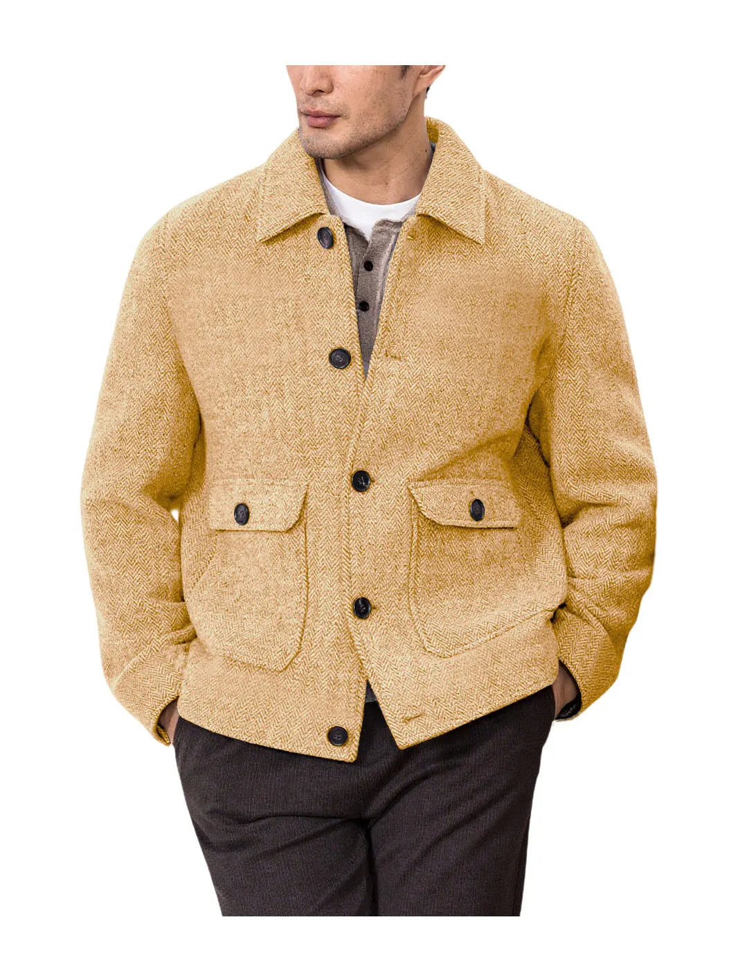 Men Vintage Herringbone Short Lapel Button Jacket Casual Outerwear For Daily Commute Weekend Dating Coffee Street Trip Gathering
