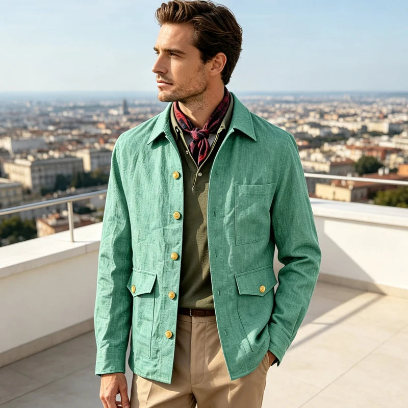 Mens Vintage Linen Jacket With Breathable Gold Button Lapel Design