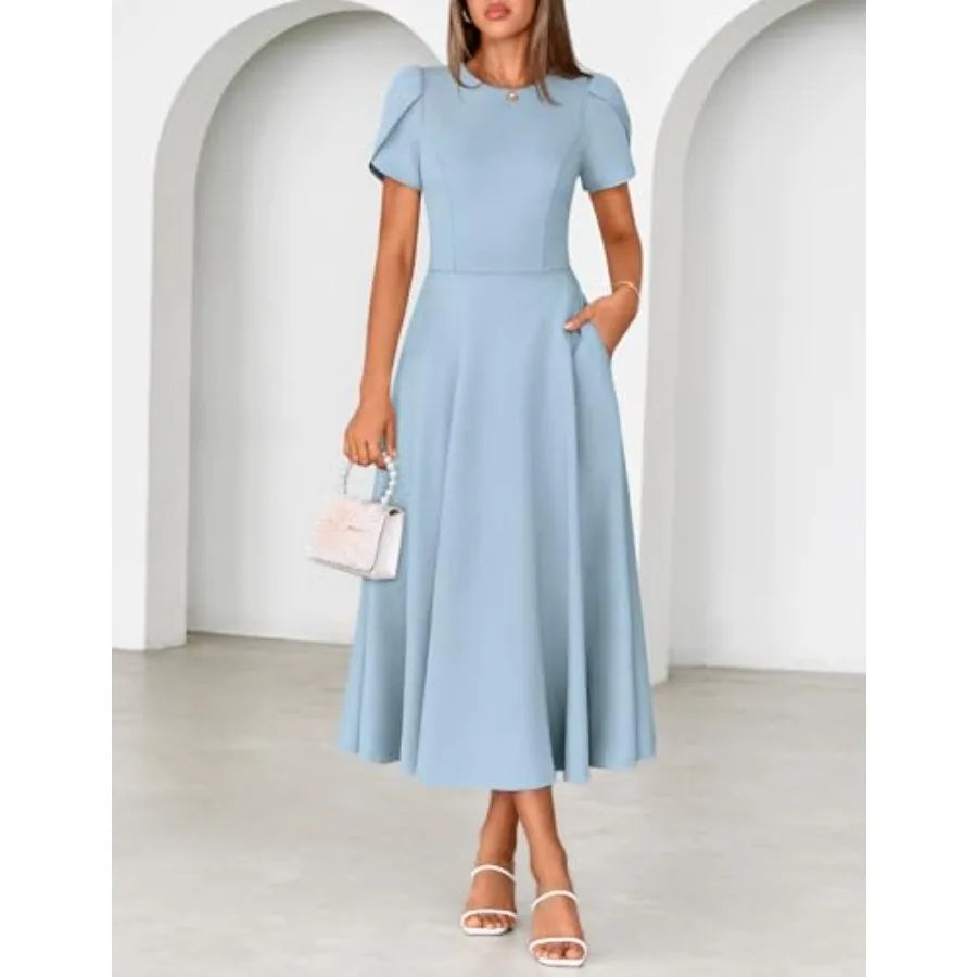 MEROKEETY Women's 2026 Summer Midi Dresses Short Sleeve Crewneck A Line Pleated Wedding Guest Flowy Long Dress with Pockets