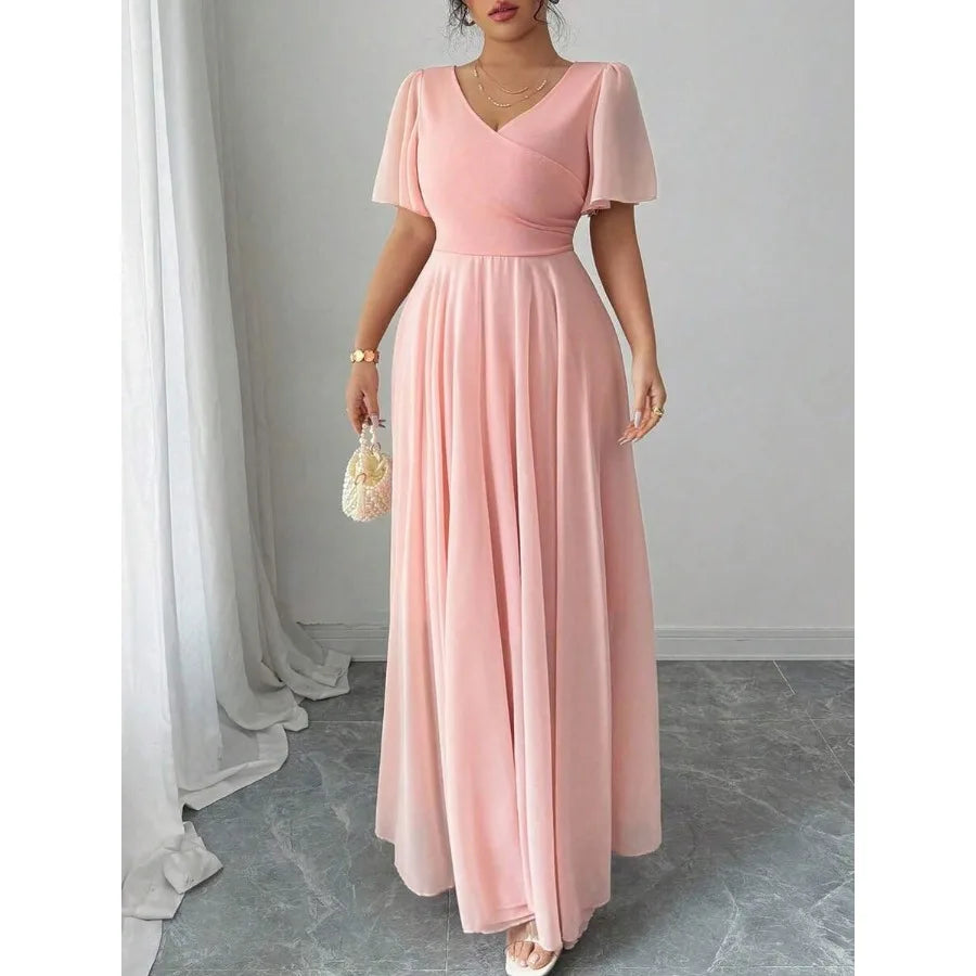 【New style】 Elenzya Plus Size Women Chiffon Ruffle Sleeve V-Neck A-Line Dress, Simple Elegant Romantic Graceful Flowing