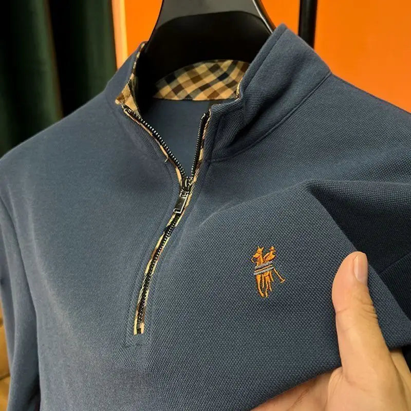 Mens Cotton Long Sleeve Embroidered Zipper Stand Collar Polo Shirt