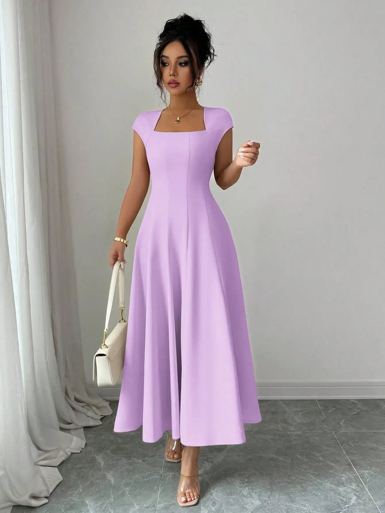 Elegant Solid Color Square Neck Short Sleeve A-Line Midi Dress For Women