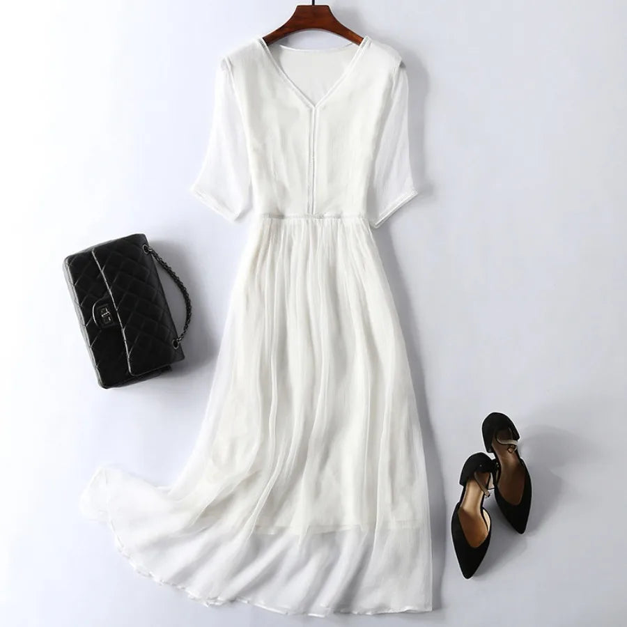 【New style】Summer new mulberry silk silk dress women's medium and long slim and high-end feel one piece for  on behalf of China