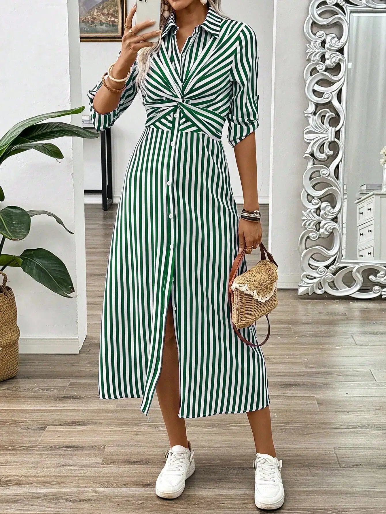 Blue And White Striped Twist Front Midi Dress With Belt