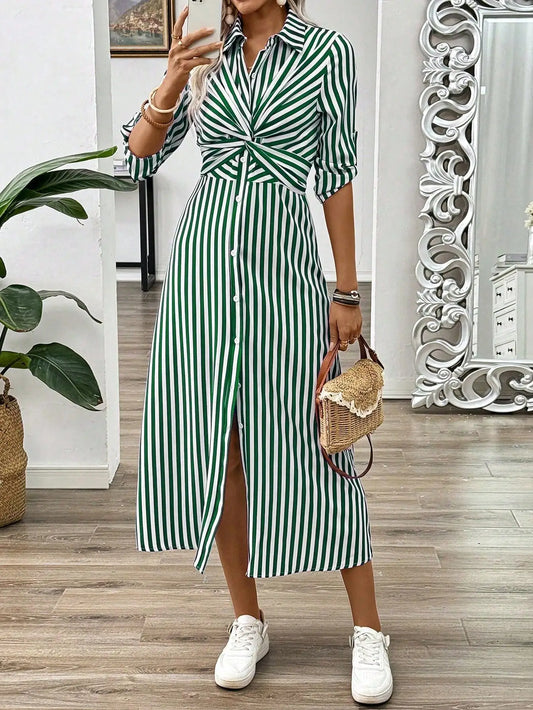 Blue And White Striped Twist Front Midi Dress With Belt
