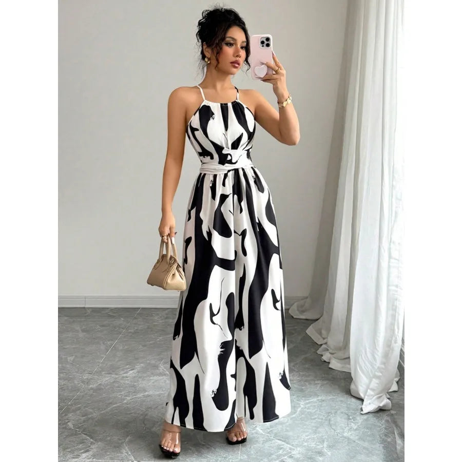 2026 European and American - fashion temperament floral hanging neck long dress