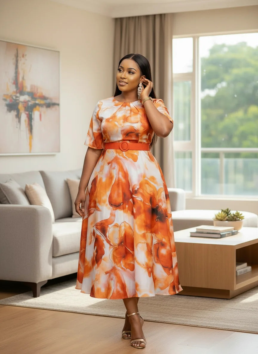 Plus Size Round Neck Short Sleeve Floral Print Midi Swing Dress For Women Wedding Guest Daily Elegant Party Occasions
