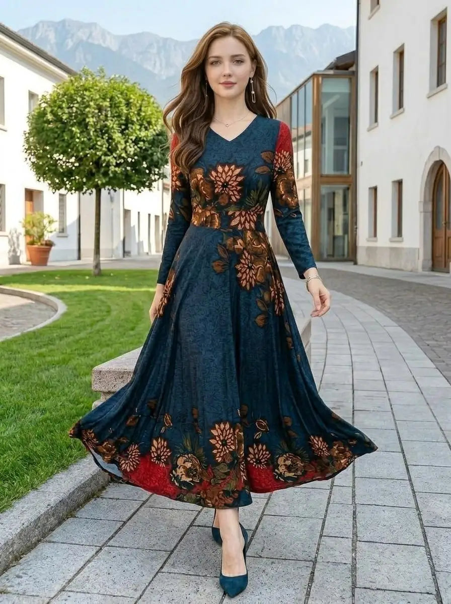Women's V Neck Long Sleeve Color Block Floral Print Flowy Maxi Dress For Travel Dinner Outdoor Weekend Fashion Occasions
