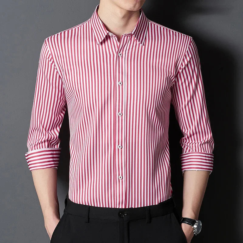 BROWON Brand 2026 Spring Long Sleeve Formal Shirt Men Manage Striped Business Shirts for Man Slim-fit Elasticity Work Man