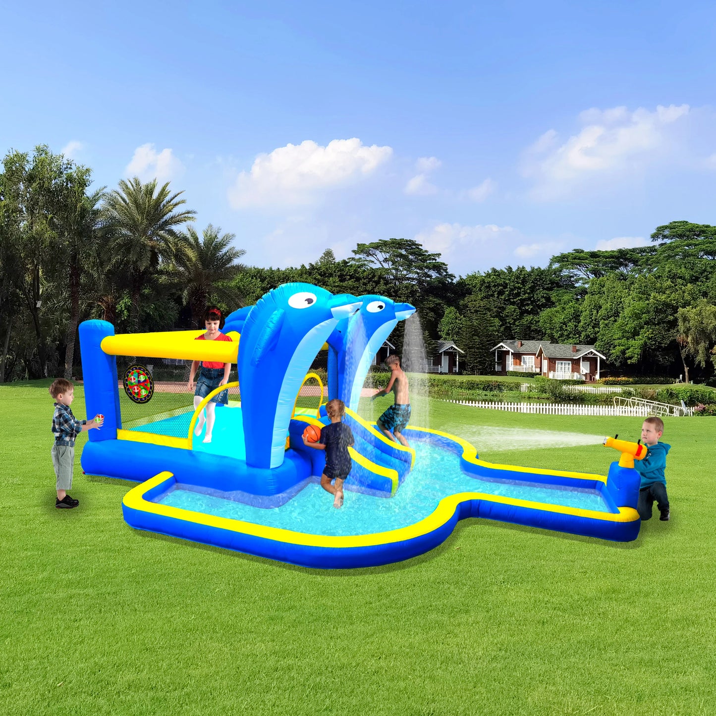 Elenxs 8 In 1 Inflatable Slide Water Park Trampoline Basketball