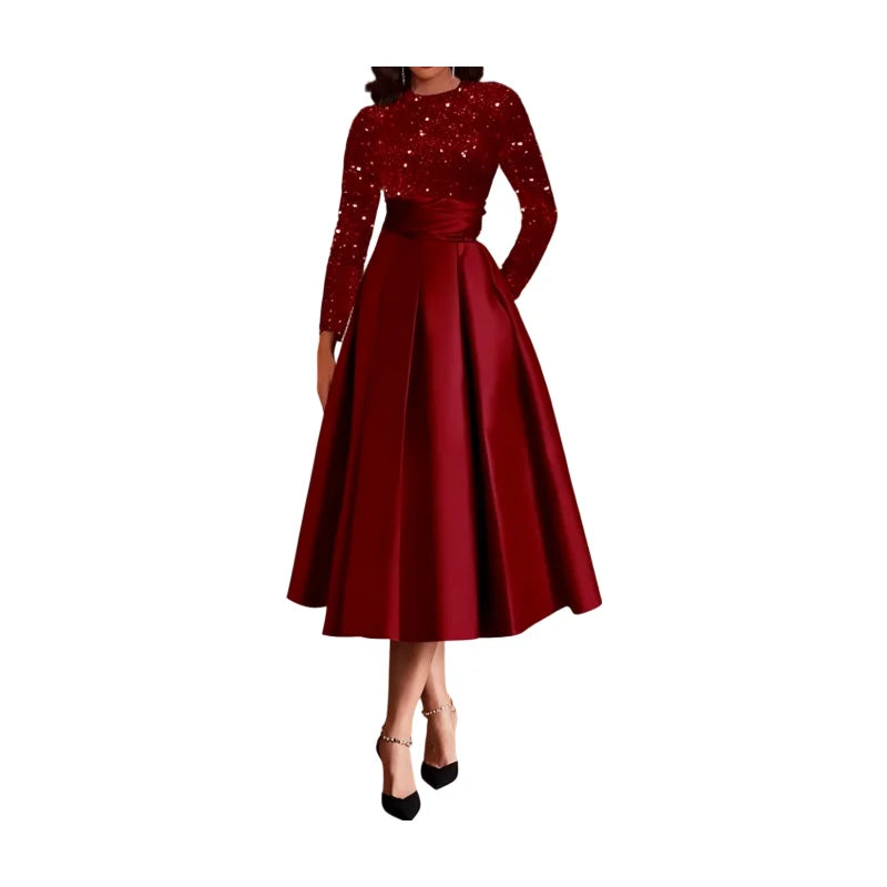 Women's Crew Neck Long Sleeve Sequin Patch Tie Flowy Midi Dress For Wedding Guest Banquet Evening Party Fashion Occasions