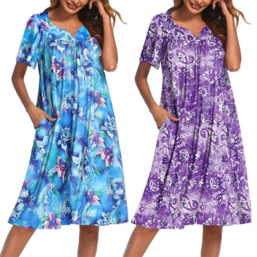 Ekouaer 2 Pack House Dresses for Women with Pockets Short Sleeve Moo Moos Floral Print Mumu Dresses
