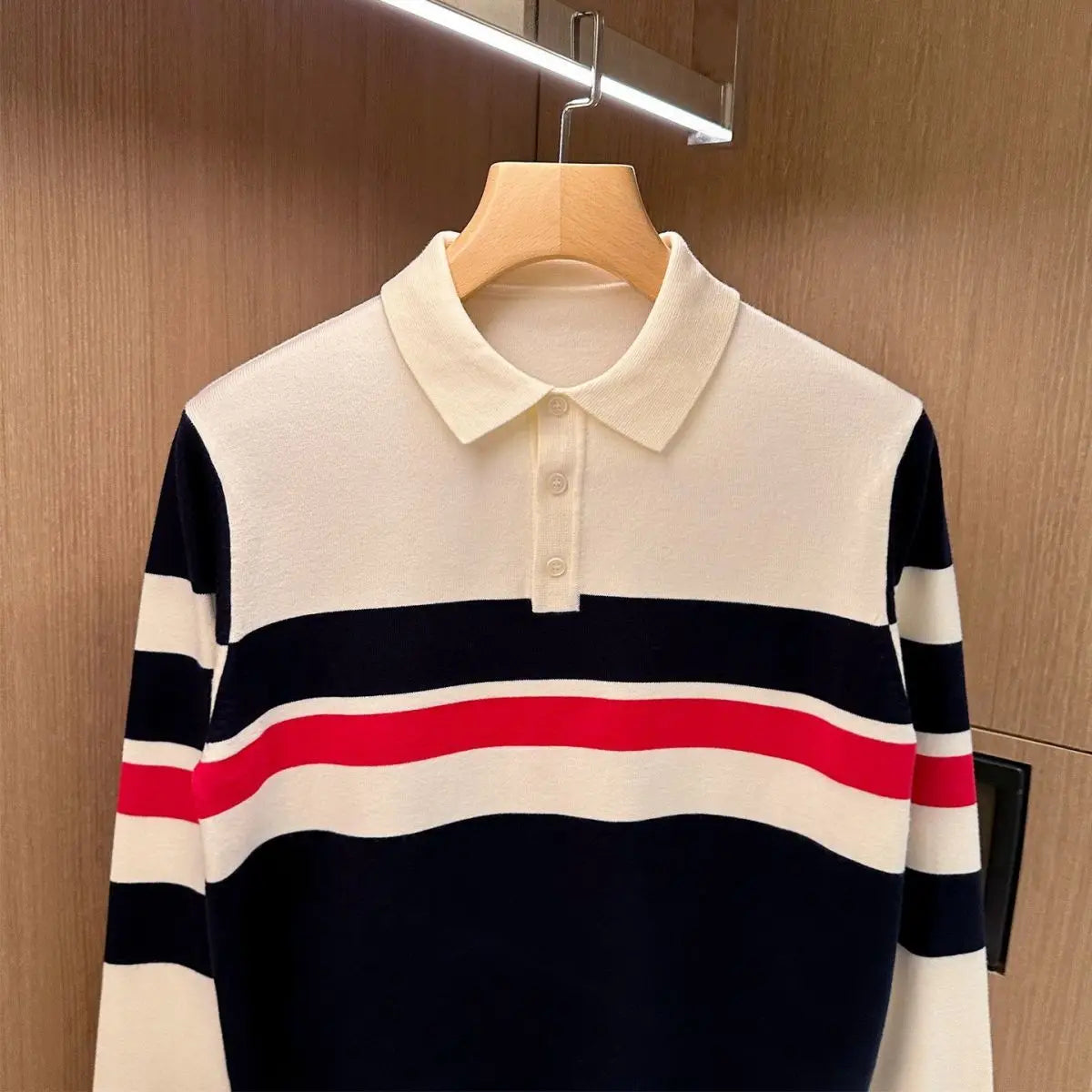 Mens Knit Polo Shirt Long Sleeve Anti Wrinkle Casual Pullover