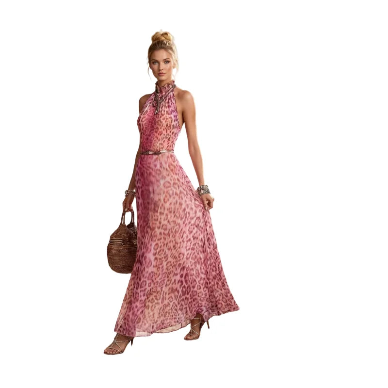 Women's Halter Sleeveless Leopard Print Flowy Maxi Dress For Travel Vacation Outdoor Weekend Casual Fashion Occasions