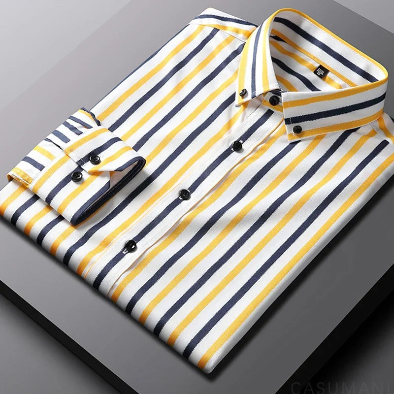 BROWON Brand 2026 Spring Tuxedo Shirt Men Long Sleeve Button Collar Wedding Party Striped Shirt for Man Plus Size 5XL