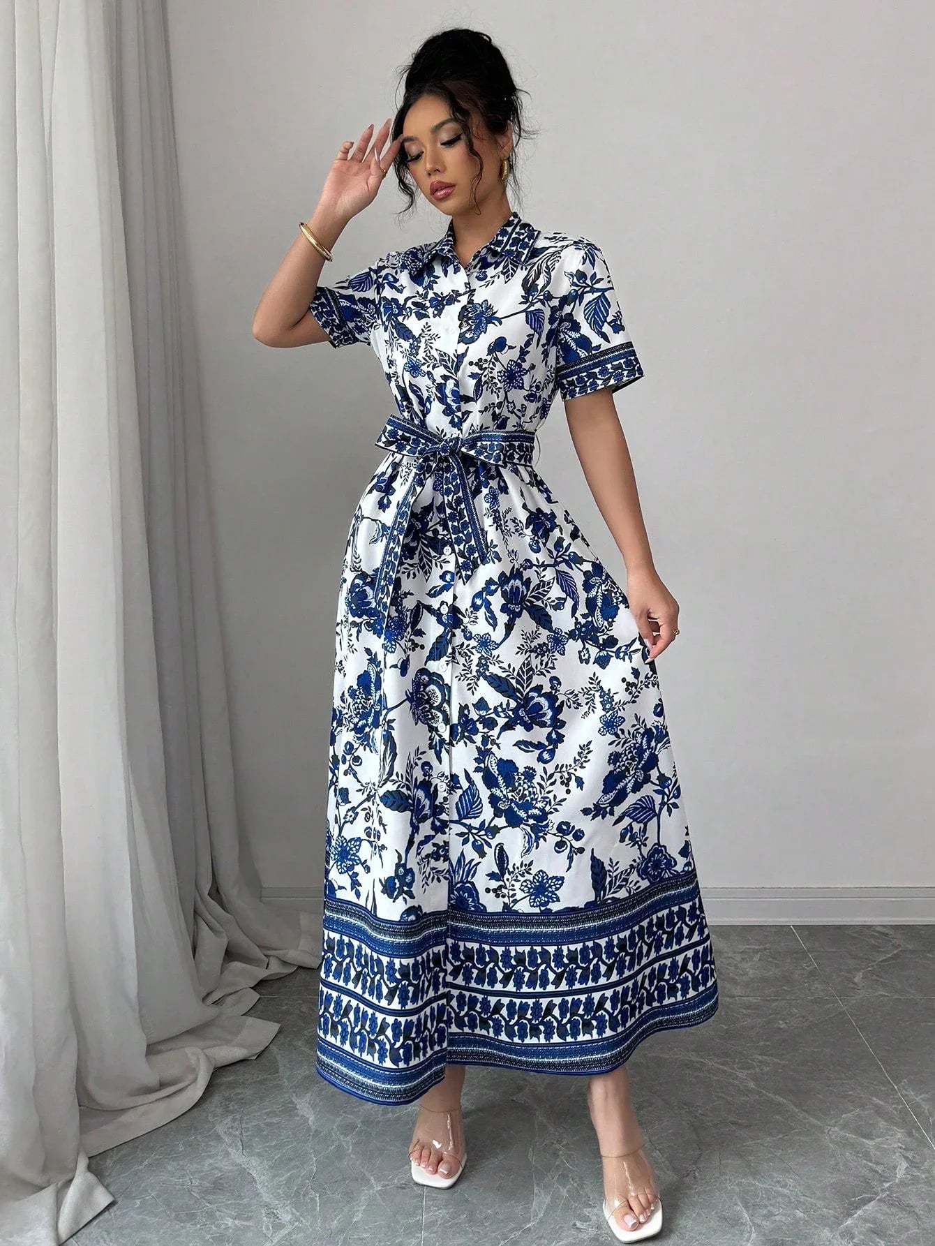 Casual Vacation Collared Button Up Porcelain Floral Print Flare Dress