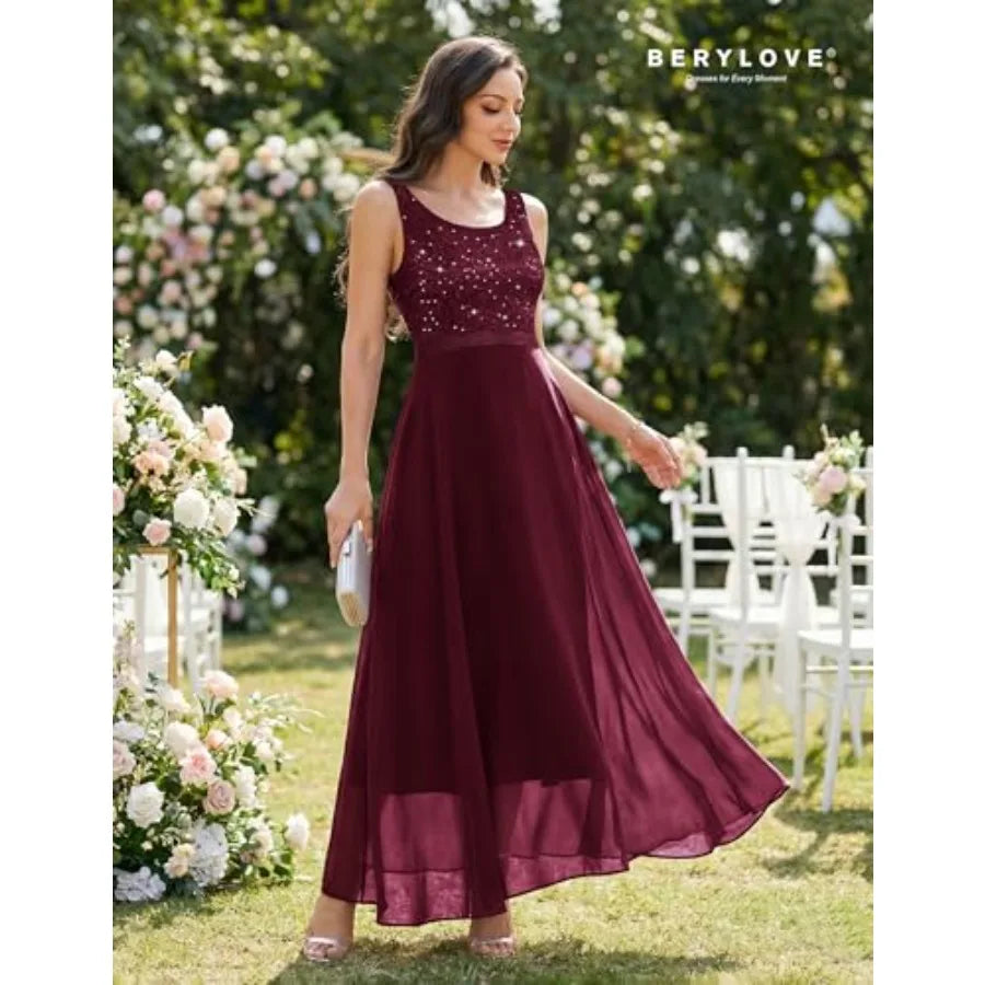 BeryLove Sequin Formal Dress for Woman A Line Lace Prom Dresses Sleeveless Cocktail Maxi Gowns