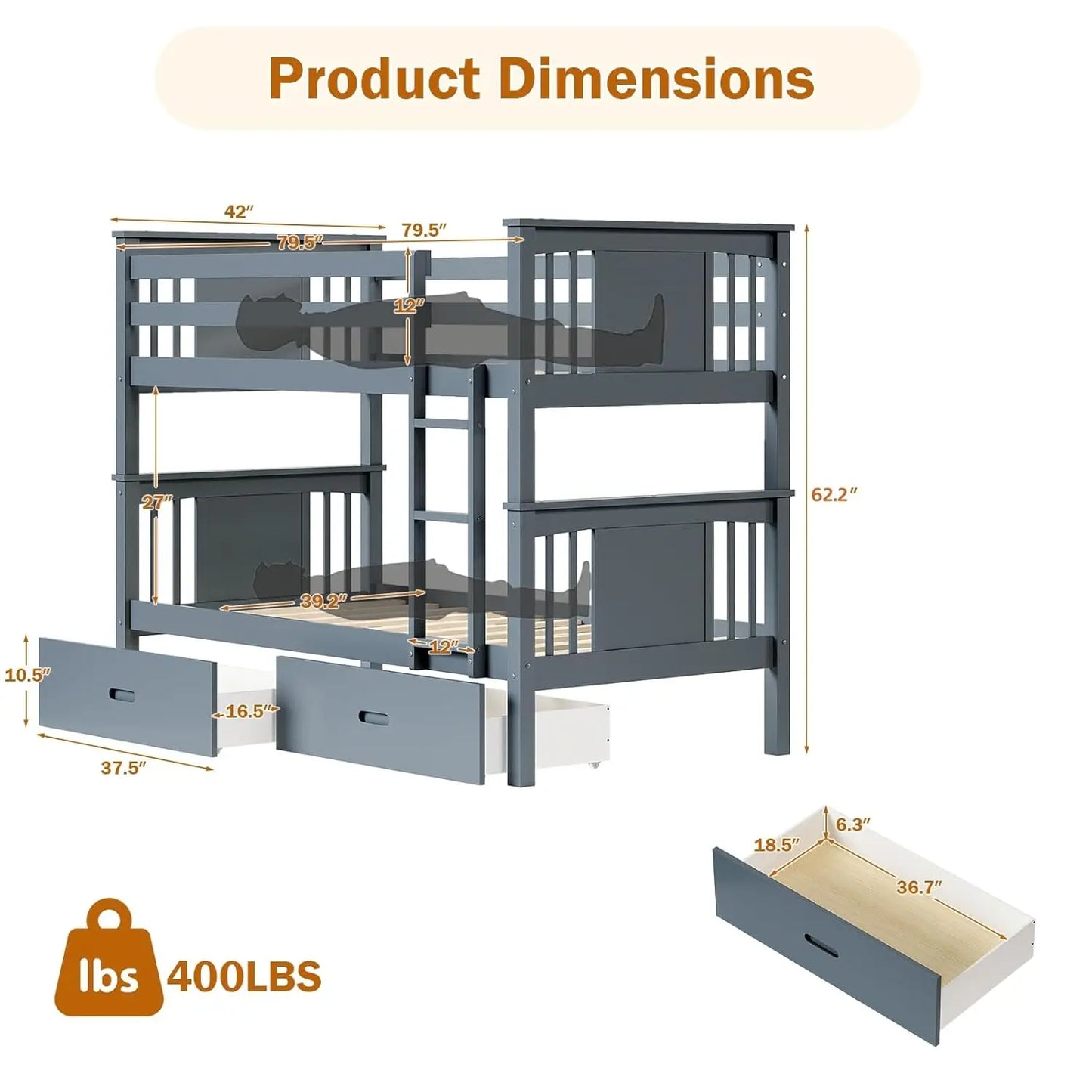 Bunk Bed Twin Over Twin with Storage Drawers, Gray Convertible Wood Twin Bunk Beds with Ladder and Safety, Customized