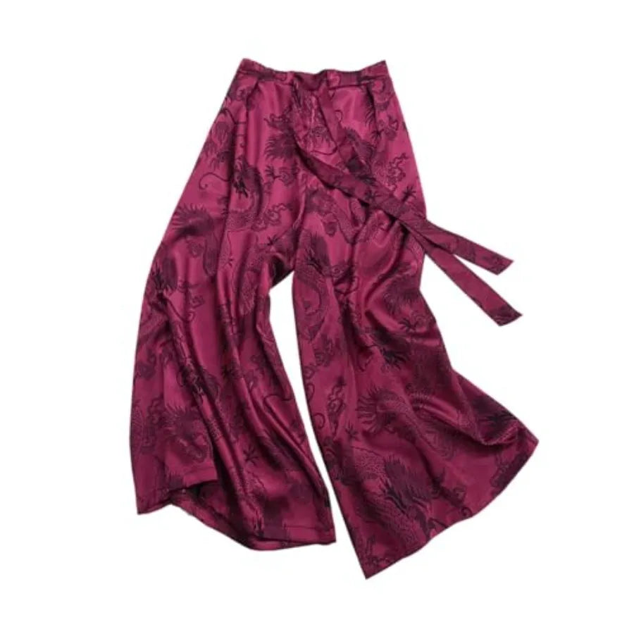 HZCX FASHION Mens Womens Baggy Relax Wide Leg Palazzo Pant Dragon Satin Kung Fu Slacks Casual Trousers Lightweight Yoga Pants