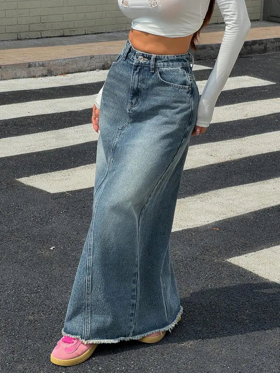 Women's High-Waisted Wide-Leg Denim Skirt with Frayed Hem