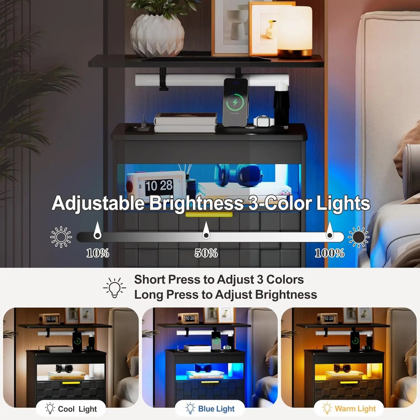 Nightstand with Charging Station, LED Bedside Table 2 Drawers, Smart Wooden End Table for Laptop Rolling Side Table, Customized