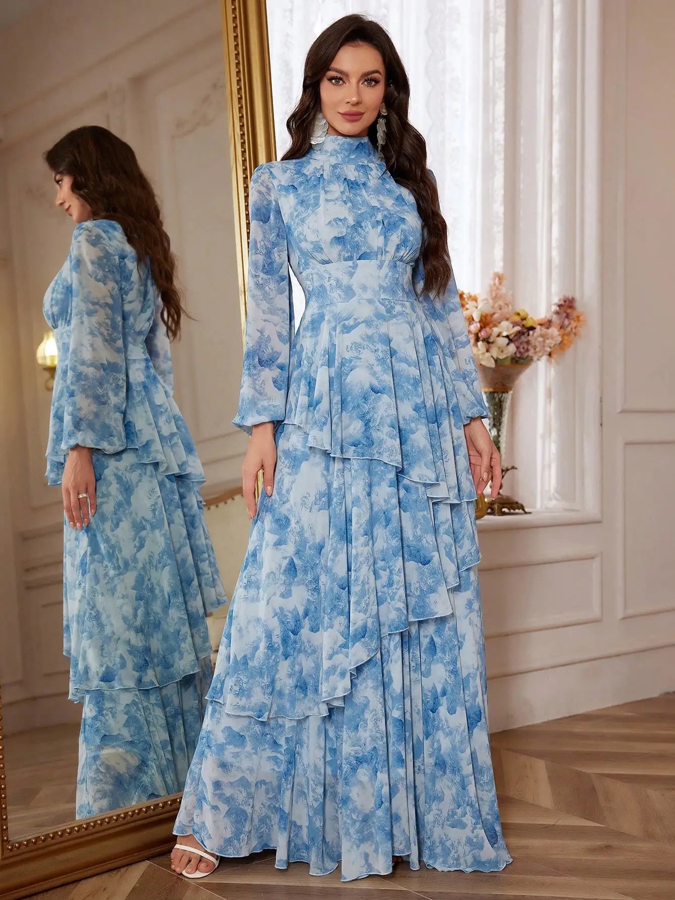 Women's Blue Floral Print Stand Collar Lantern Sleeve Ruffled Tiered Floor Length Elegant Dress